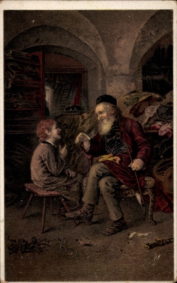 Judaica Artist Postcard Knauss, Solomonic Wisdom, Old Man with Pipe and Boy