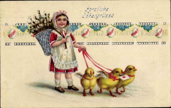 Glitter embossed card Congratulations Easter, chick with letter, girl with pussy willow
