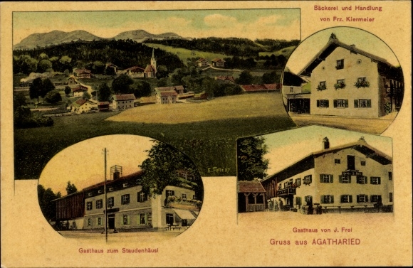 Postcard Agatharied Hausham in Upper Bavaria, bakery and shop, Inn zum Staudenhäusl