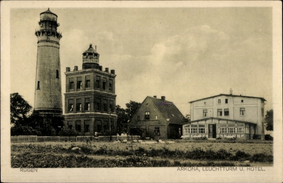 Postcard Arkona Altenkirchen Rügen, lighthouse and hotel