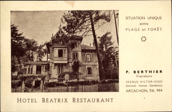 Postcard Arcachon Gironde, Hotel Beatrix, restaurant