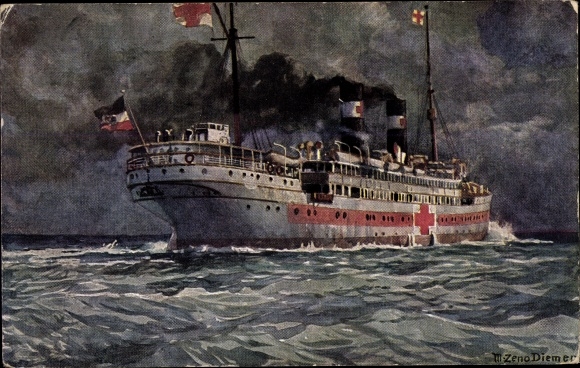 Kunstenaarskaart Diemer, Zeno, Duits hospitaalschip, verpleging in de oorlog, I. WW
