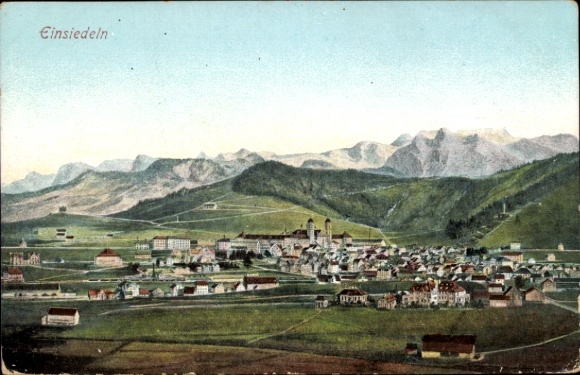 KP Einsiedeln Kanton Schwyz Szwajcaria, widok gór w tle, kolorowe przedstawienie