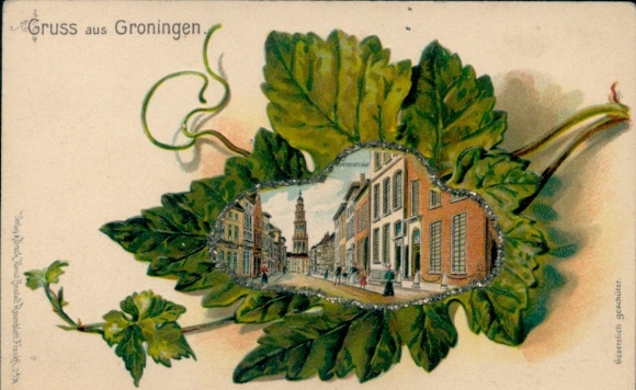 Embossed Passepartout Glitter Chromo-Litho Groningen Netherlands, street, passers-by
