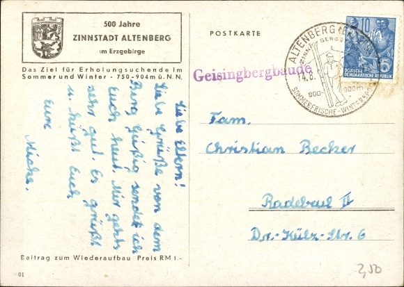 Kunstenaarskaart Heinmann, Ertsgebergte Altenberg, 500 jaar Zinnstadt, afstandsschot, kerk, plaats