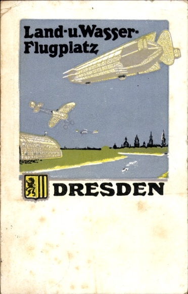 Artist Postcard Dresden Klotzsche, airport, land and water airfield, airship, airplane