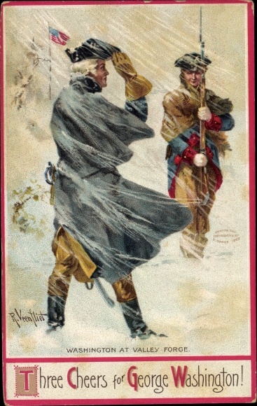 Ansichtkaart met kunstenaar reliëf Veenfliet, Richard, George Washington, Washington in Valley Forge