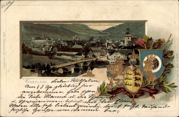 Postcard Künzelsau am Kocher Hohenlohekreis, city view, bridge, coat of arms of colored representations