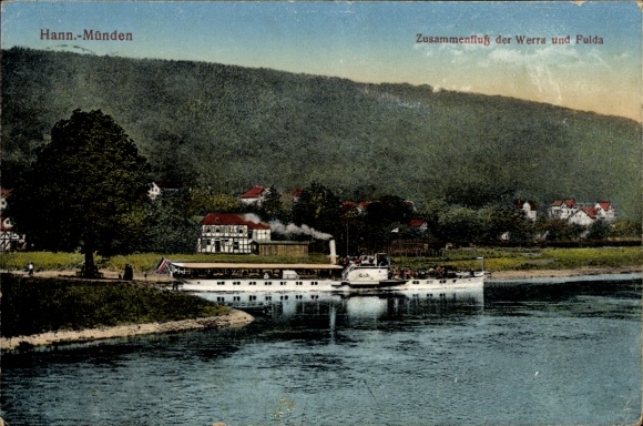 Postcard Hann. Münden, confluence of the Werra and Fulda, salon steamer