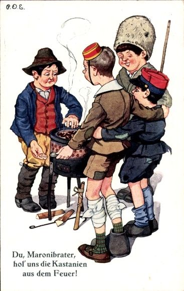 Künstler Ak Engelhard, P.O.E., Du, Maronibrater, hol' uns die Kastanien aus dem Feuer, Karikatur