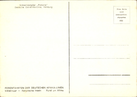 Postcard Express Steamer Pretoria, German East Africa Line DOAL