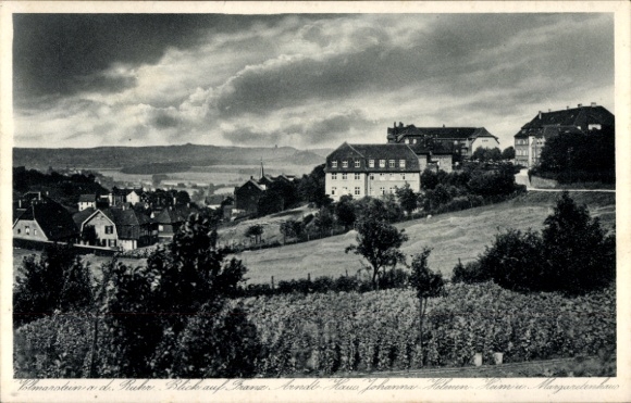 Postcard Volmarstein weather on the Ruhr, landscape with vineyards, houses and clouds in the sky