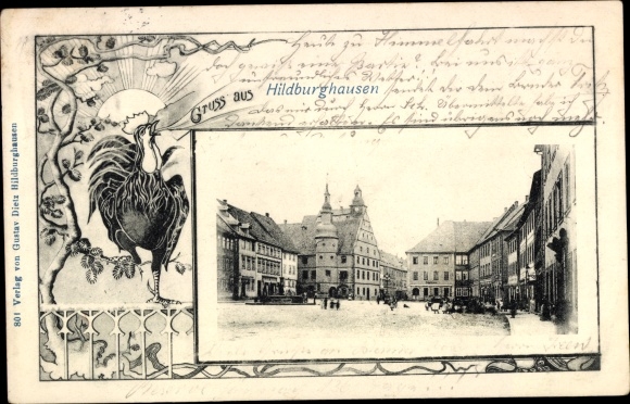 KP Hildburghausen w Turyngii, rynek, pianie koguta