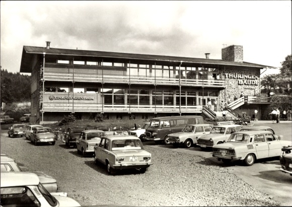 Postcard Thuringian Forest, Hohe Möst, Haus Thüringen-Baude, cars in parking lot, photo