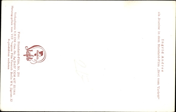Postcard actress Ingrid Andree as Janine in Drei vom Varieté, chimpanzee, milk bottle