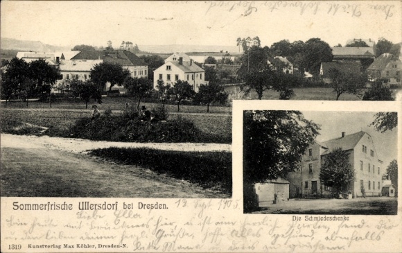 Postcard Ullersdorf Radeberg in Saxony, general view, blacksmith's tavern