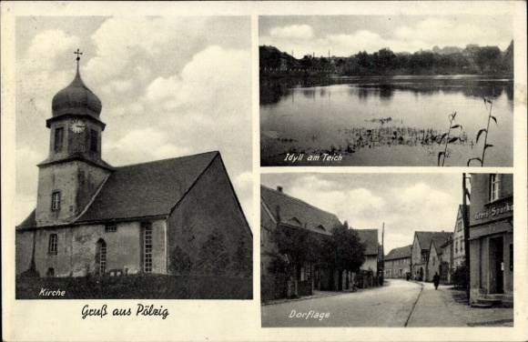 Postcard Pölzig in Thuringia, church, pond, street section, district savings bank
