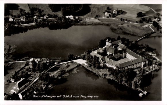 Postcard Bad Endorf in Chiemgau Upper Bavaria, aerial photograph, Seeon Castle, lake with landscape, Black and White