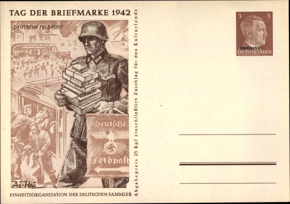 Ganzsachen Ak Axster Heudtlaß, Tag der Briefmarke 1942, Soldat mit Päckchen und Briefen
