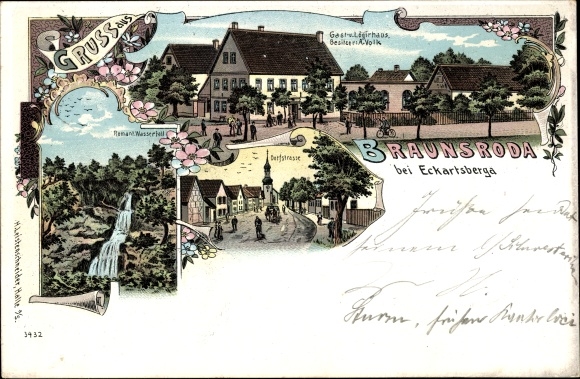 Litho Braunsroda (bei Eckartsberga) Wischroda im Burgenlandkreis, Wasserfall, Dorfstraße, Gasthaus