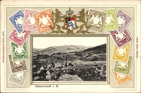 Embossed stamps PC Immenstadt im Allgäu Swabia, total view of the place