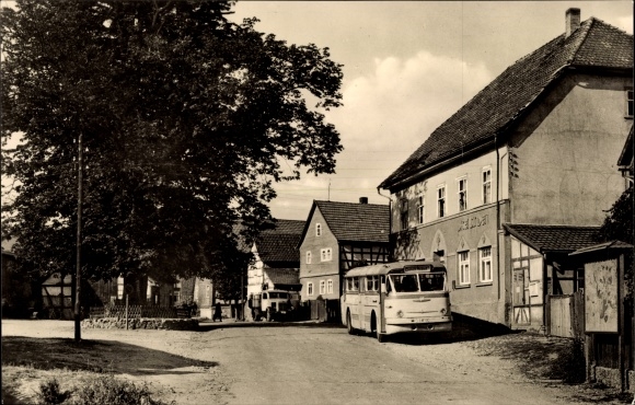 Postcard Mosbach Wutha Farnroda in Thuringia, Drei-Linden-Platz, bus