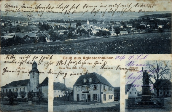 Postcard Aglasterhausen in Baden, house of Otto Grimm, church, total view, war memorial