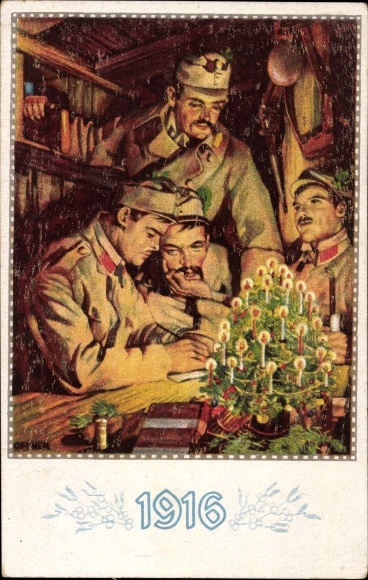 Artist PC Merry Christmas, Kuk soldiers in the dugout, Christmas tree, war Christmas 1916