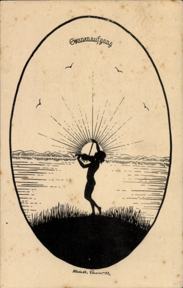 Paper cutting artist Postcard Forck, E., sunrise, woman playing violin