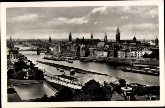 Postcard Hanseatic City of Bremen, city view of river, ships, buildings