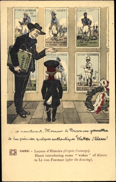 Kunstenaarsbriefkaart Hansi, Lecons d'Histoire d'Alsace, luitenant von Forstner, generaal Kleber