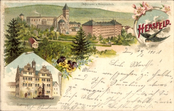 Postcard Bad Hersfeld Hessen, landscape with monastery ruins, military school, buildings, flowers
