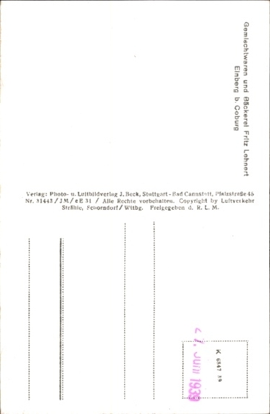 Postcard Einberg Rödenthal Upper Franconia, aerial photograph, bakery Lehnert
