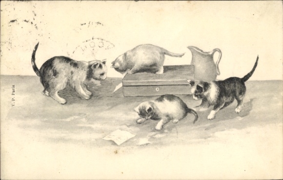 Ak Paris V, Jardin des Plantes, V. P.  Vier Katzen spielen mit einem Briefumschlag und einer V...
