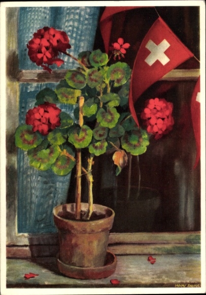 Künstler Ak Schweiz, Schweizerische Fahne, Blumen im Blumentopf