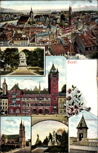 KP Bazylea Szwajcaria, widok miasta Münster, ratusz, pomnik św. Jakuba, wzór kwiatowy