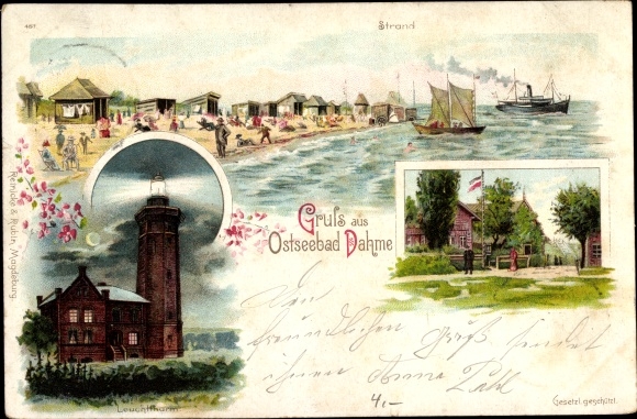Chromo-Litho Baltic resort Dahme in Holstein, beach, lighthouse
