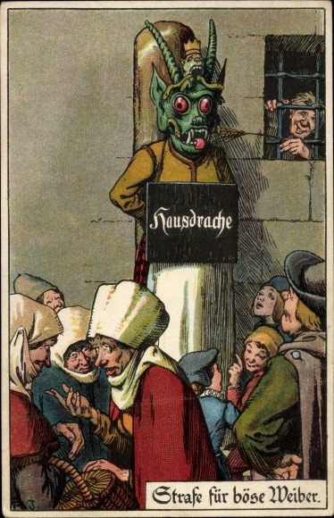 Künstler Litho Jodolfi, Strafe für böse Weiber, Hausdrache, Drachenmaske, Schandpfahl