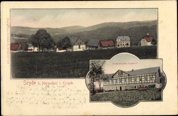 Postcard Seyde Hermsdorf in the Eastern Ore Mountains, inheritance court inn, panorama