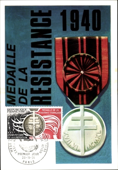 Maximum Postcard Medaille de la Resistance 1940, First Day 1974