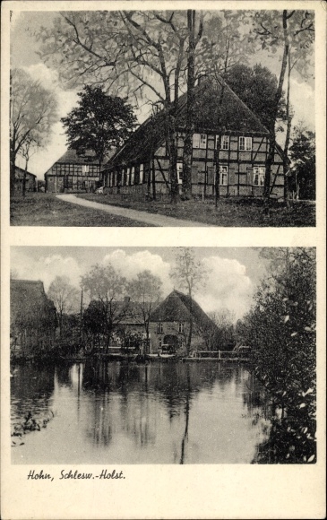 Ak Hohn in Sleeswijk-Holstein, vakwerkhuizen, boerderij, meer