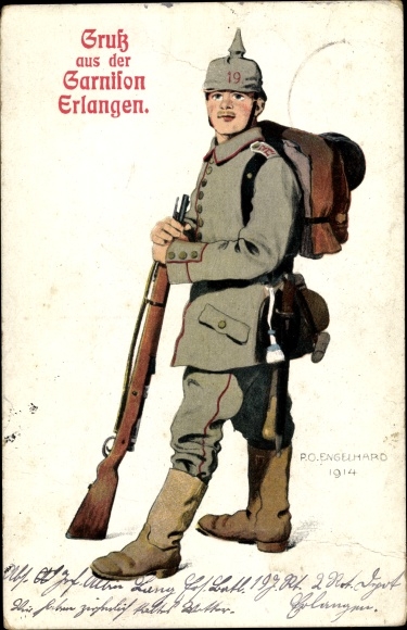 Artist Postcard Engelhard, PO, German soldier in uniform, greeting from the Erlangen garrison