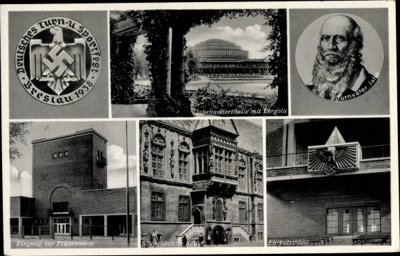 Postcard Wrocław Breslau Silesia, German Gymnastics and Sports Festival 1938, Centennial Hall, Friesenwiese