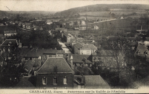 Postcard Charleval Eure, panorama over the Valleé de l'Andelle, buildings, rural landscape