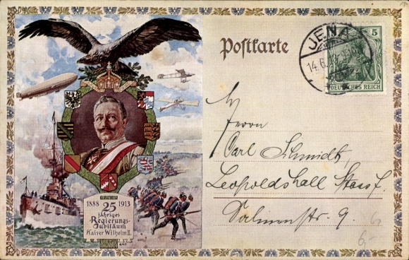 Ganzsachen Ak Kaiser Wilhelm II., 25 jähriges Regierungsjubiläum, Zeppelin, Kriegsschiff