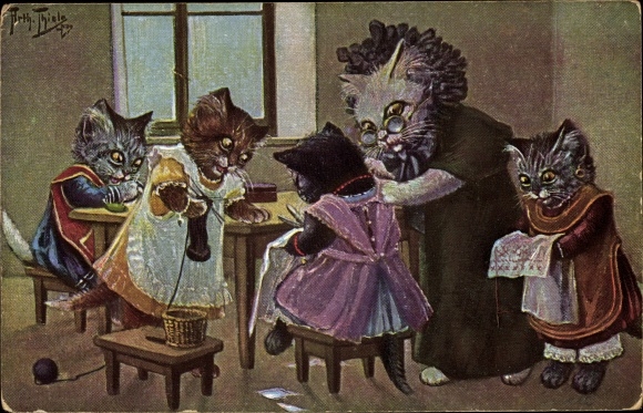 Artist Postcard Thiele, Arthur, humanized cats, sew, knit, embroider, grandmother
