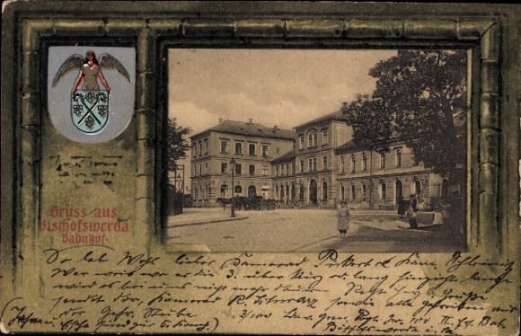 Passepartout Wappen Ak Bischofswerda in Sachsen, Bahnhof