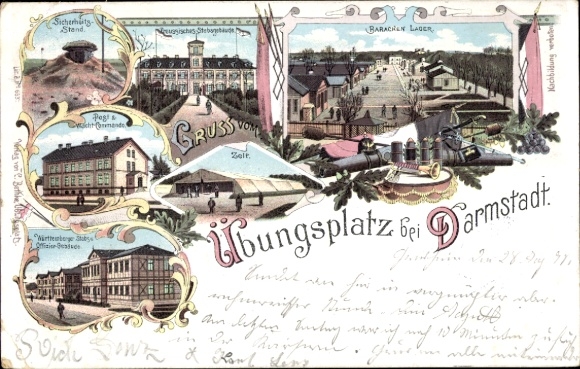 Chromo-Litho Darmstadt in Hesse, military training area, barracks camp, tent, post office, guard command
