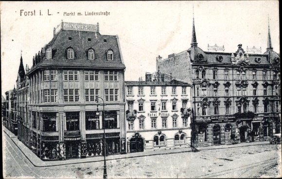 Postcard Forst in Lusatia, city view, market, Lindenstraße, Hotel Pillies