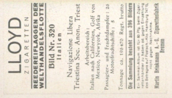 Collective picture shipping company flags of the world merchant fleet No. 320, Navigazione Libera Trestina Soc. Trieste